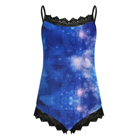 

Odeerbi Reduced Pajamas Sets for Women Nightgowns Erogenous Lace Splicing Sling Print Sleepwear Suit Nightwear Sets Blue