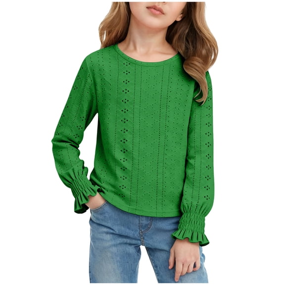 Wenfanal Girls Long Sleeve Shirt Long Sleeve Shirts For Girls 10 12 Crewneck Eyelet Tshirts For Girls Casual Basic Top For Girls Smocked Cuffs Girls Sweatshirts Size 14-16 Years,Green