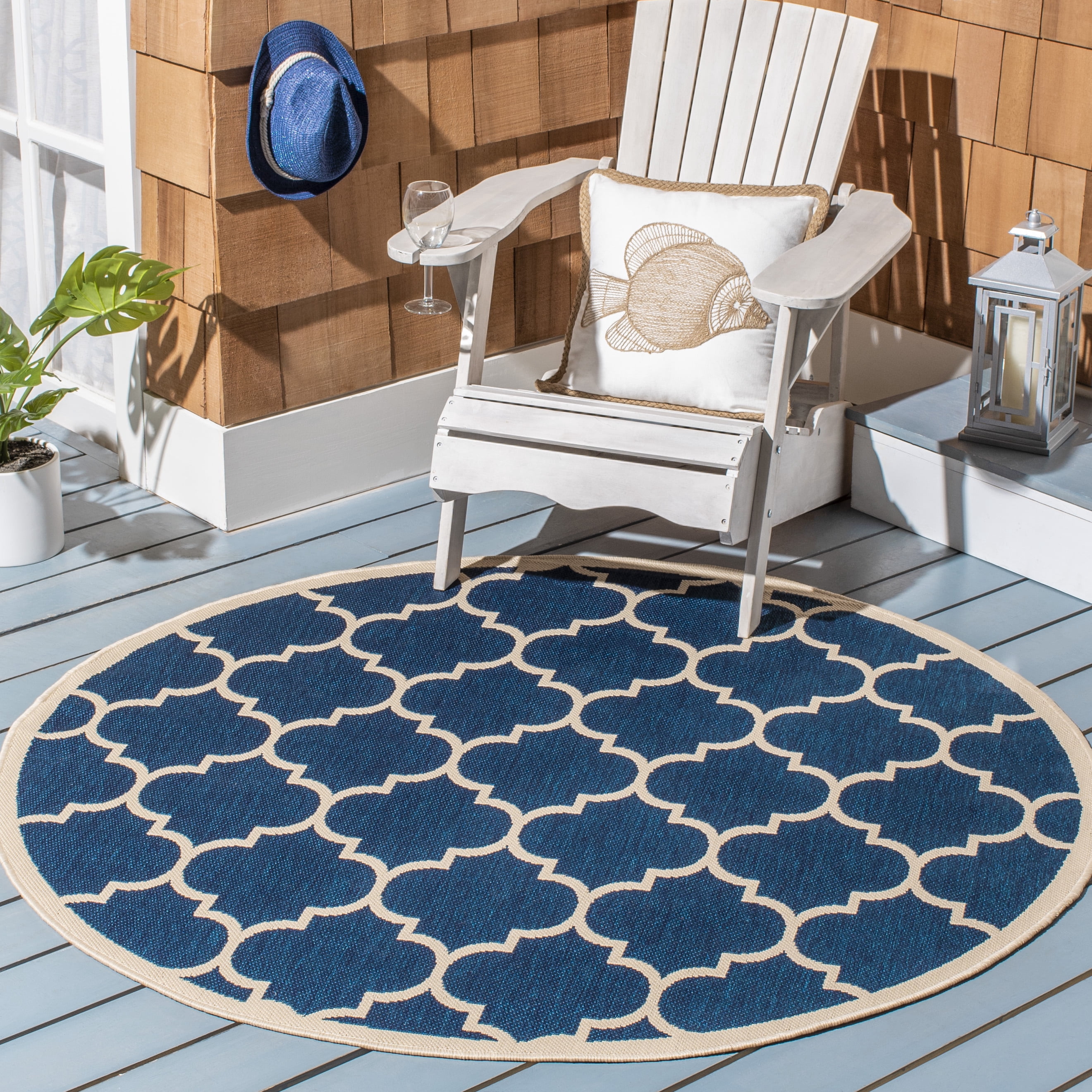 Safavieh Courtyard Alyssa Geometric Indoor/Outdoor Area Rug, Navy/Beige, 6'7" x 6'7" Round