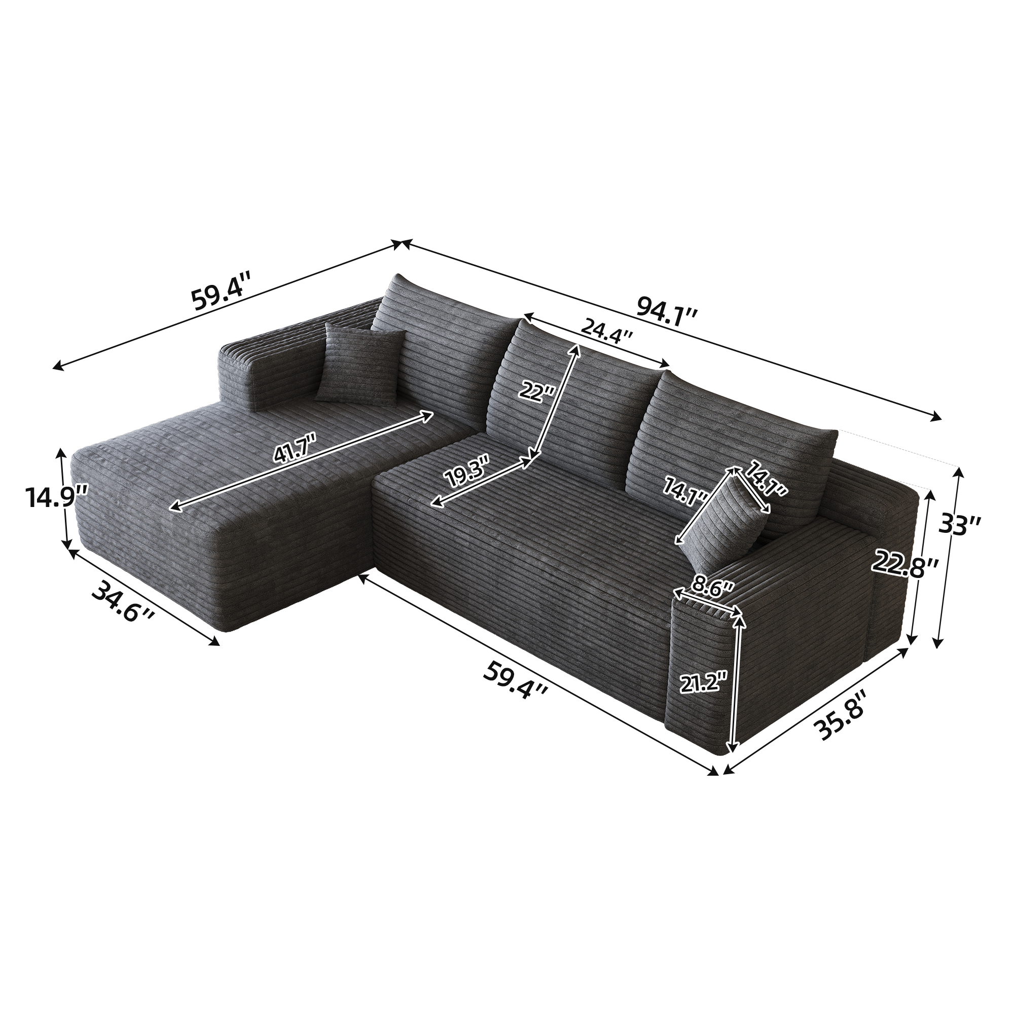 Leumius Modular Sectional Sofa,Oversized L-Shape Cloud Couch,Modern Corduroy Upholstered Couches for Living Room,No Assembly Required,Dark Gray(Left Facing Chaise)
