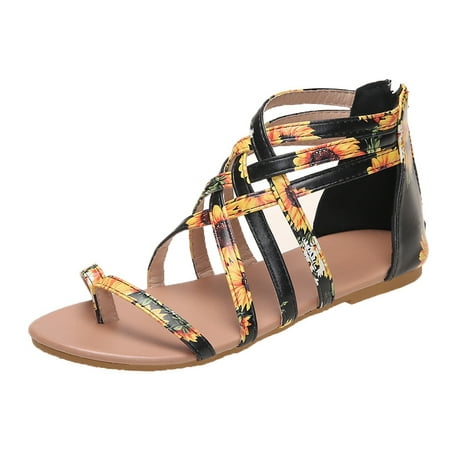 

2022 New Women s Roman Gladiator Sandals Clip-Toe Woven Crisscross Zip Closure Flat Leather Shoes Summer Low
