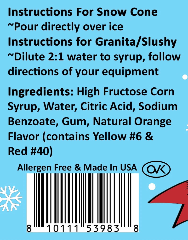 Bits N Things Orange Snow Cone Syrup | Slushy & Granita | Kosher | Made In America | 1 Gallon