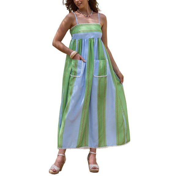 INSPIRE CHIC Striped Slip Maxi Dress for Women's Summer Vacation Beach Spaghetti Strap Dresses S Green