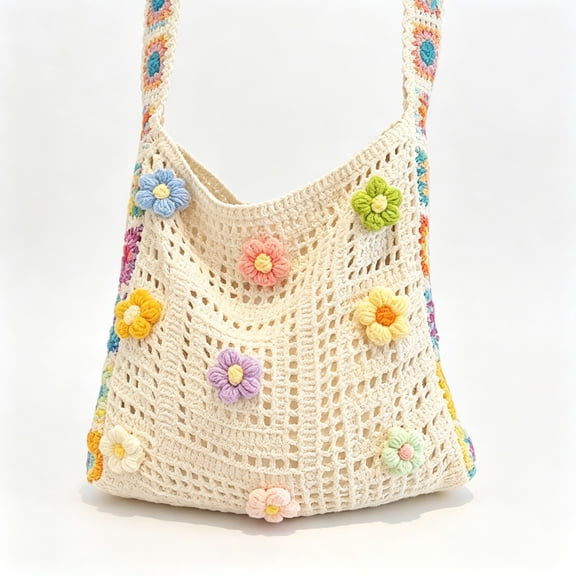 Openwork Woven Tote Bag for Women, Summer Boho Crochet Knit Shoulder Bag, Large Capacity Hollow Out Beach Handbag with Floral Detail