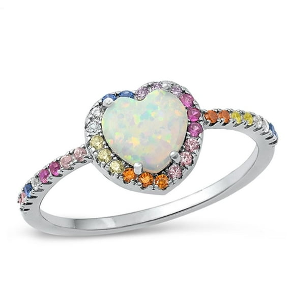 Multi-color CZ White Simulated Opal Heart Ring .925 Sterling Silver Band Jewelry Female Size 7