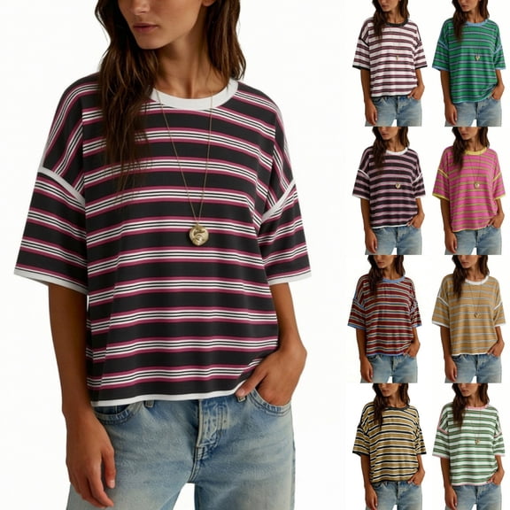 Byworldtasic Oversized Striped T-Shirts for Women Summer Color Block Short Sleeve Tops Drop Shoulder Boxy Tees
