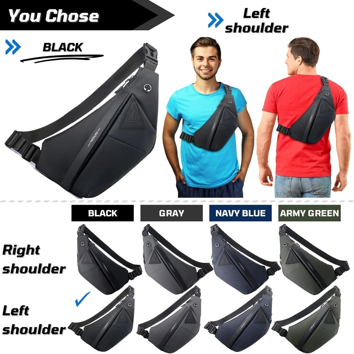 Anti-Theft Travel Sling Bag for Men and Women Expandable Waterproof Crossbody Bag Chest Shoulder Backpack (Black - Left shoulder)