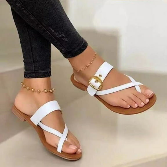 HAOTAGS Women's Flat Toe Ring Slides Sandals Slide Sandals Toe Ring On Sale Fashion Casual Summer Shoes White Size 10