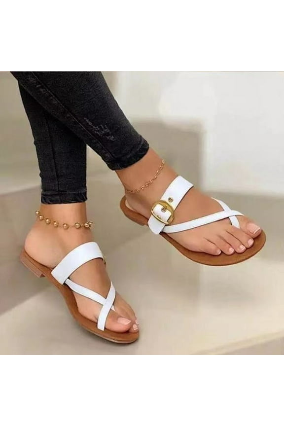 Women Shoes Cross Toe Thread Metal Belt Buckle Flat Female Roman Sandals Slipper Women's Shoes under $30