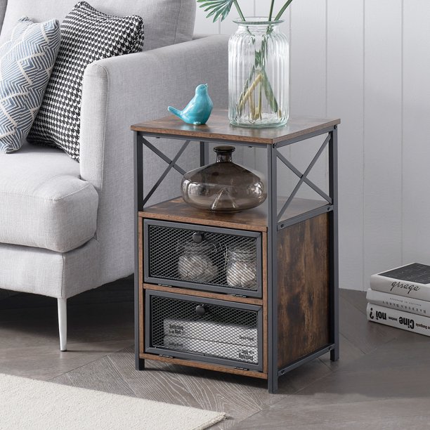 Vecelo End Side Table Nightstand With Screen Door And Shelves Brown Walmart Com Walmart Com