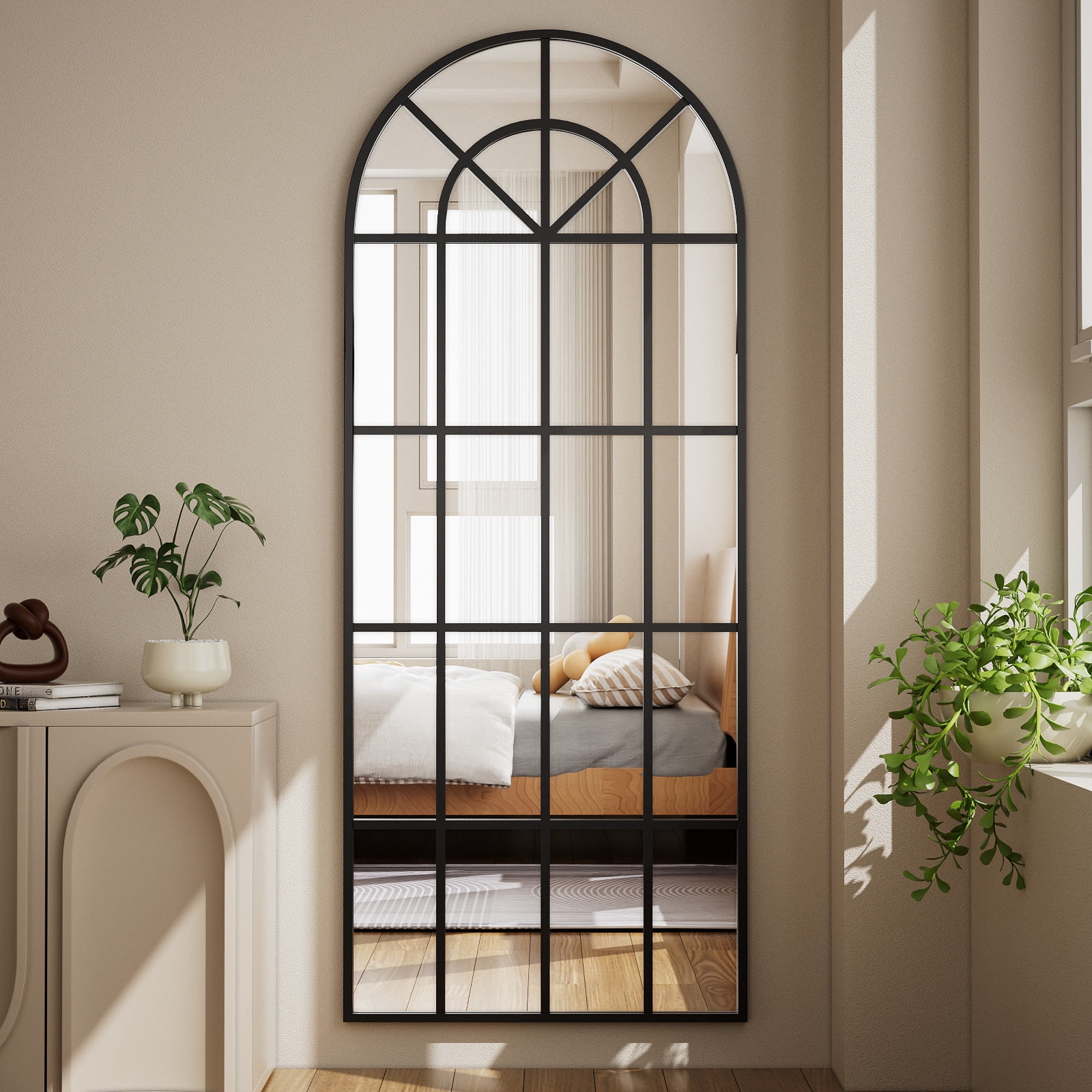 Easy4Home 24"x68" Arched Full Length Windowpane Mirror Decorative Floor Mirror Wall-Mounted, Black