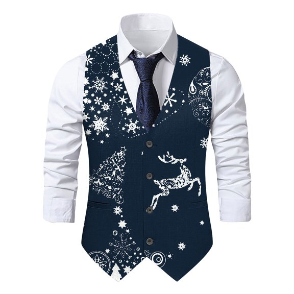 FAOWME Men's Christmas Vest Long Sleeved V Neck Buttons Snowflake Printed Fashion Comfortable Tops For Casual Daily Wear Blue L