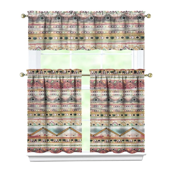 Kitchen Curtains Set with Boho Chic Style Vintage Tribal Artistic Tier and Valance Rustic Nordic Earthy Bohemian Patterns for Dining or Laundry Room
