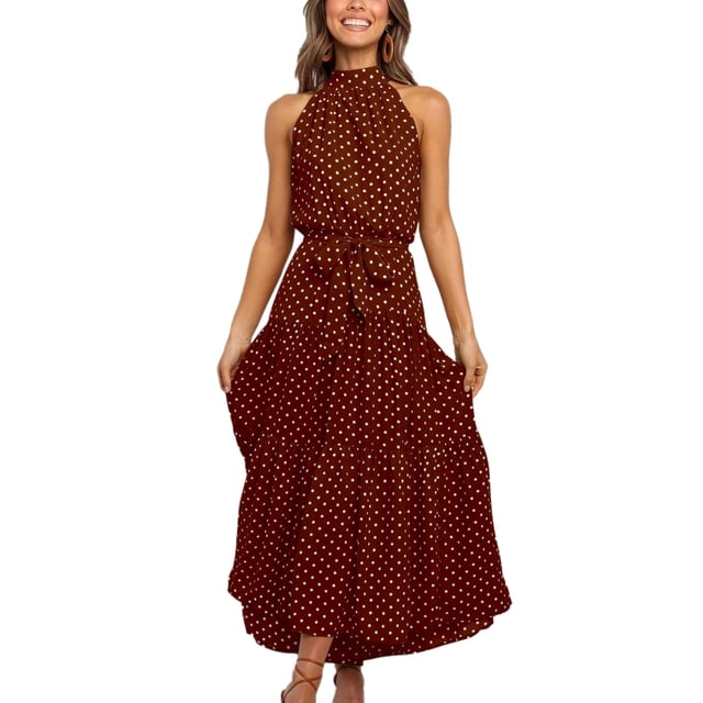 Women's Sleeveless Halter Neck Boho Floral Print Backless Flowy Beach Long Maxi Belted Dresses with Pockets