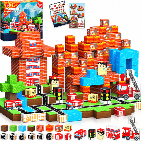 100PCS Fire Truck Building Toys Magnetic Building Blocks Toys for Kids Ages 3-10