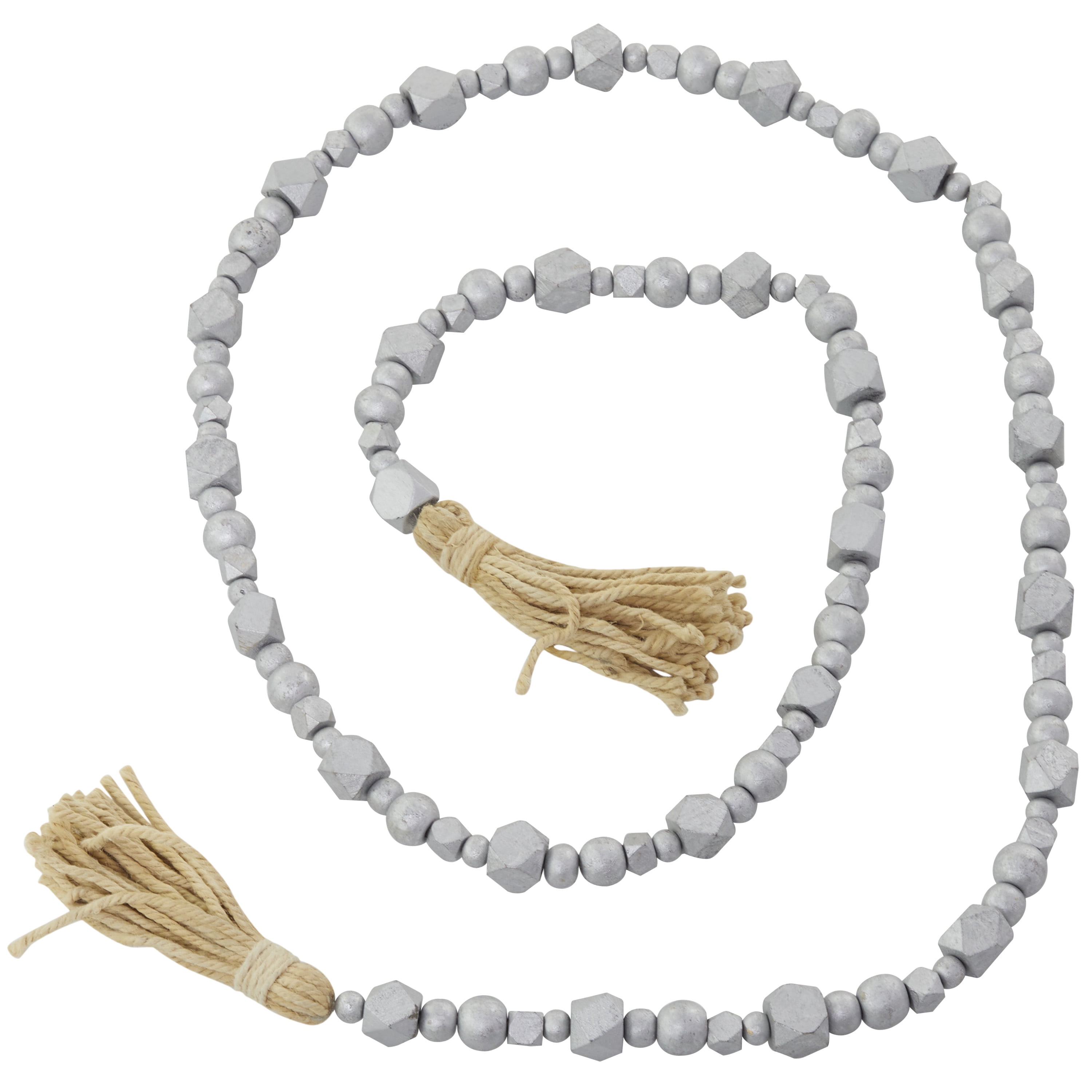 DecMode Handmade Hexagon Metallic Carved Geometric Long Beaded Silver Mango Wood Garland with Tassel