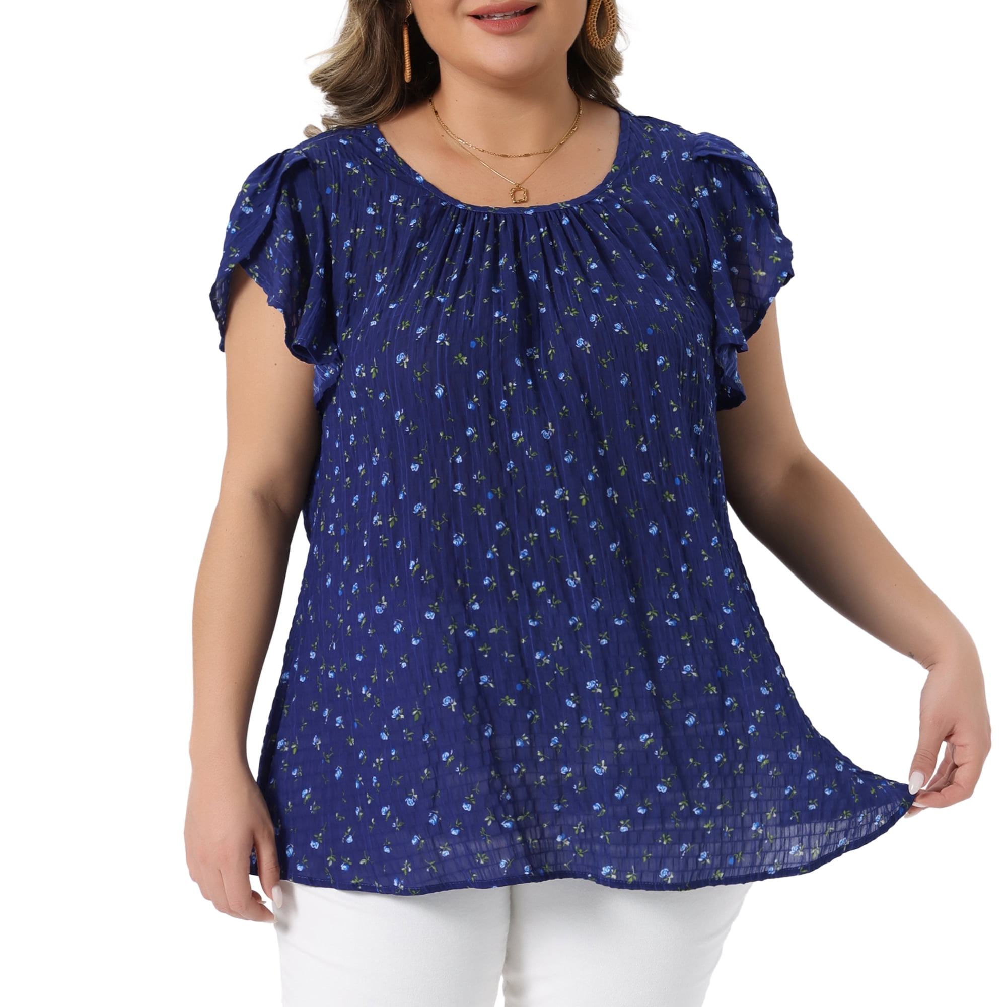 Women's Plus Summer Tops Floral Crew Neck Pleated Front Tulip Sleeve Dressy Blouse 4X Dark Blue