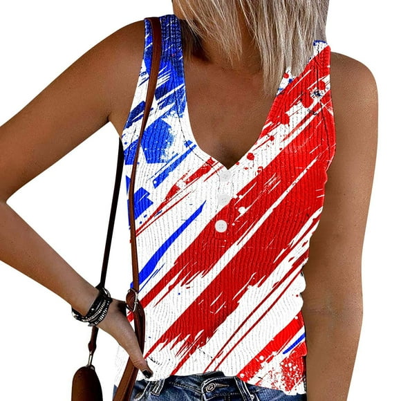 Frostluinai Patriotic Tank Tops for Women Sleeveless Ribbed Knit Tanks Button Up Henley Shirts 4th of july Red White and Blue Tee Shirts