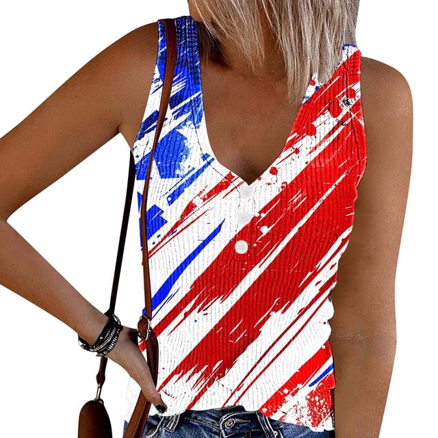 Frostluinai Débardeurs Patriotiques pour Femmes Sans Manches en Tricot Côtelé, Camisoles Boutonnées, Chandails Henley, T-Shirts Rouges, Blancs et Bleus du 4 Juillet
