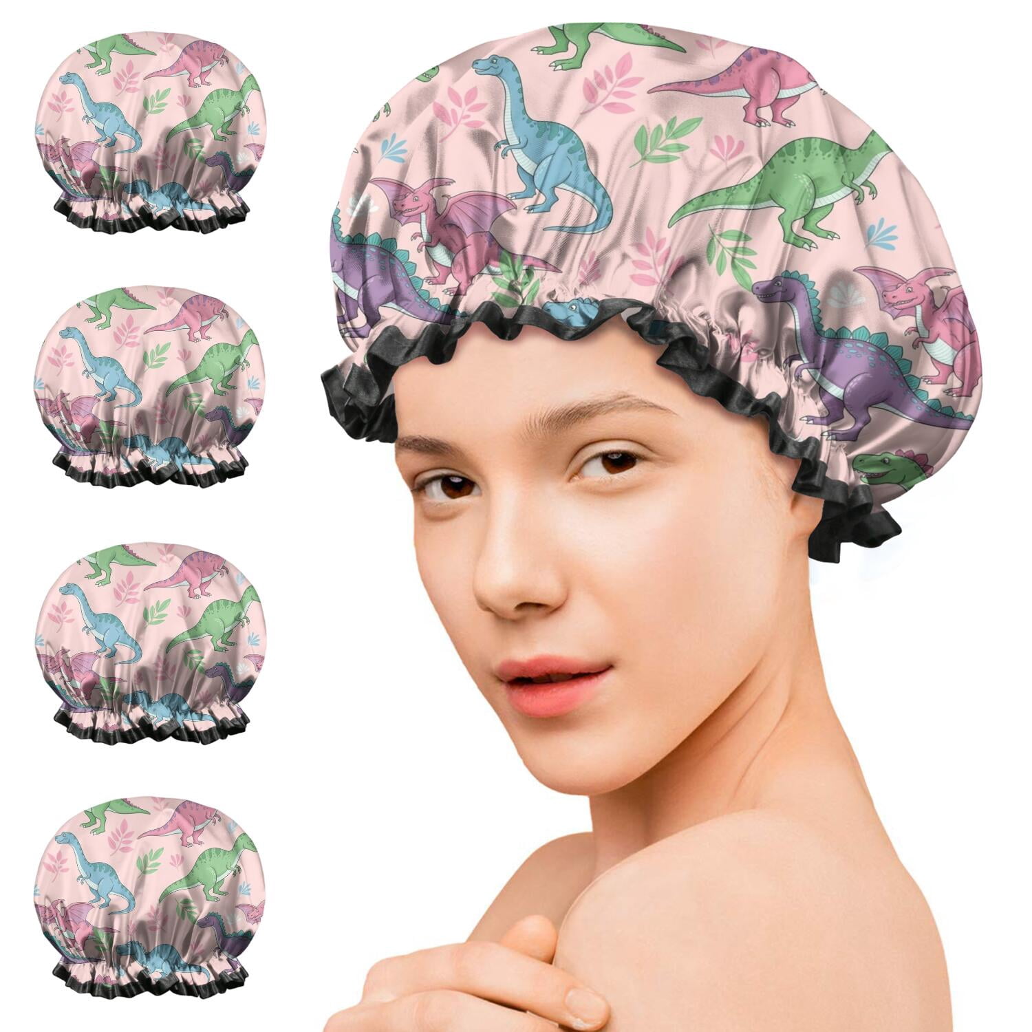 Shower Caps,Pink Cartoon Dinosaurs Leaves Pattern Waterproof Shower Cap for Women 4 Pieces,Double Reusable Hair Cover for Shower PEVA Elastic Stretch Hem