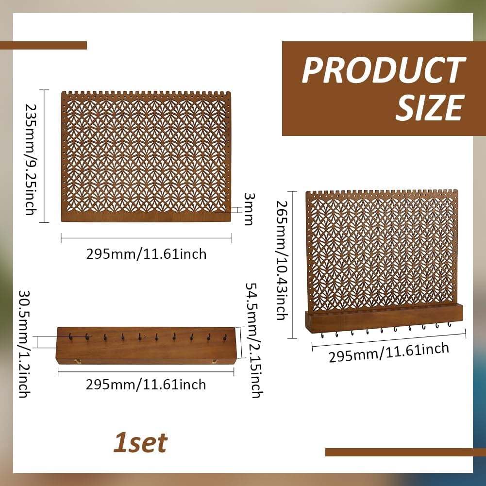 Wood Wall-Mounted Jewelry Hanging Racks Saddle Brown Jewelry Holder with Hanger Hooks Wooden Wall Hanging Organizer
