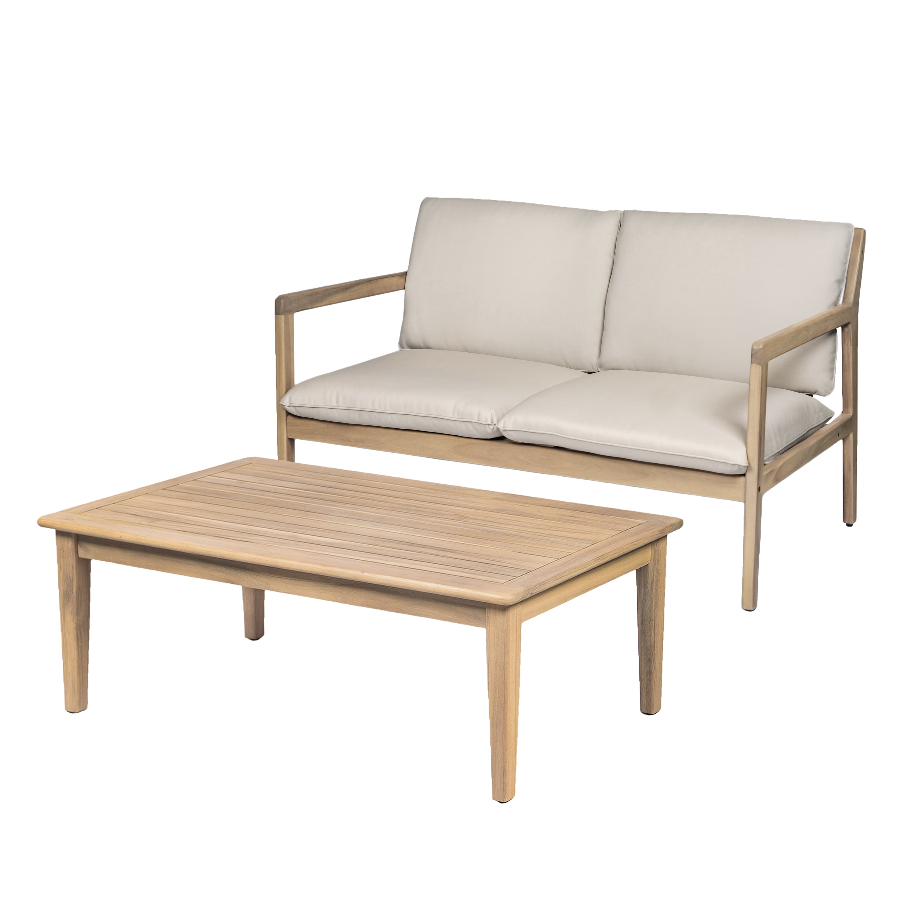 Loveseat with Coffee Table, Outdoor Acacia Wood Furniture for Patio Garden, Light Teak and Beige