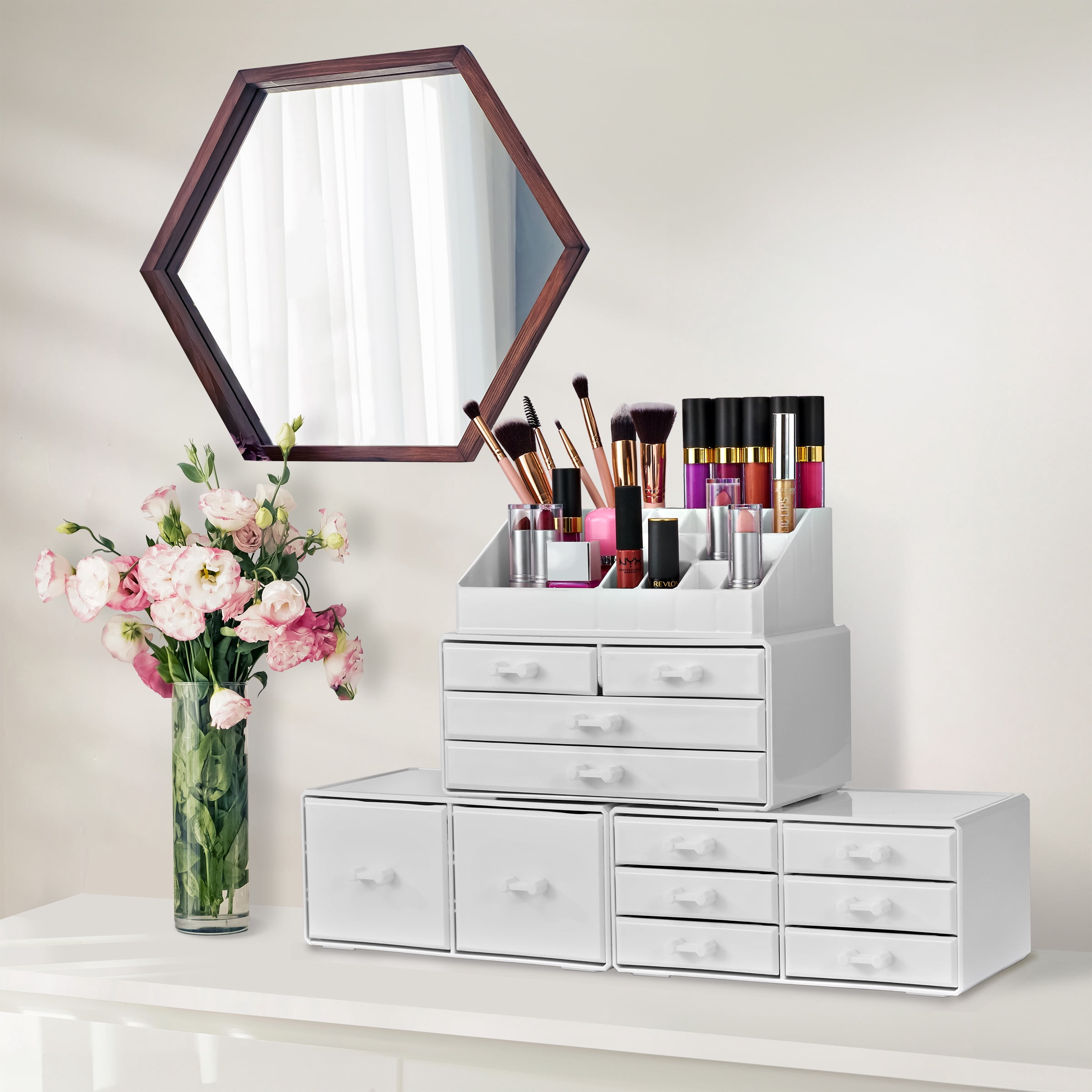 Sorbus 12-Drawer Stackable Makeup Organizer with Brush & Lipstick Holder for Vanity/Bathroom, White