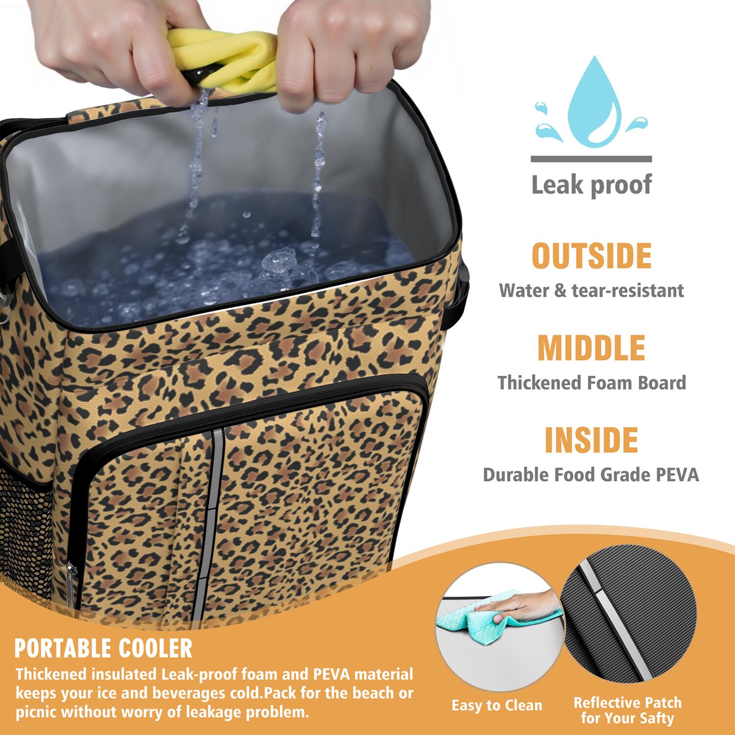 Travel Cooler Bag - Brown and Black Leopard Print Camping Beer Cooler Backpack with Bottle Opener- Waterproof Insulated Picnic Backpacks - Cooler Bag for Beach