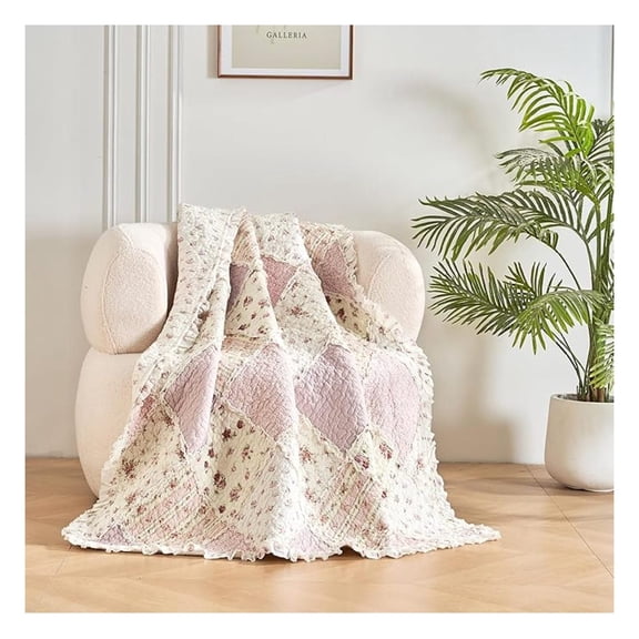 DaDalogy Cotton Patchwork Throw Blanket - Floral Cottage Quilted Reversible Pink & Cream Shabby Chic Botanical Ruffle Design - Vintage Garden Rose Pastel Accents - 50 x 60