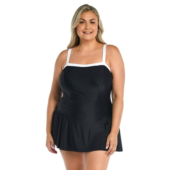 Solid Bandeau Princess Seam Swim Dress One Piece (Plus Size)