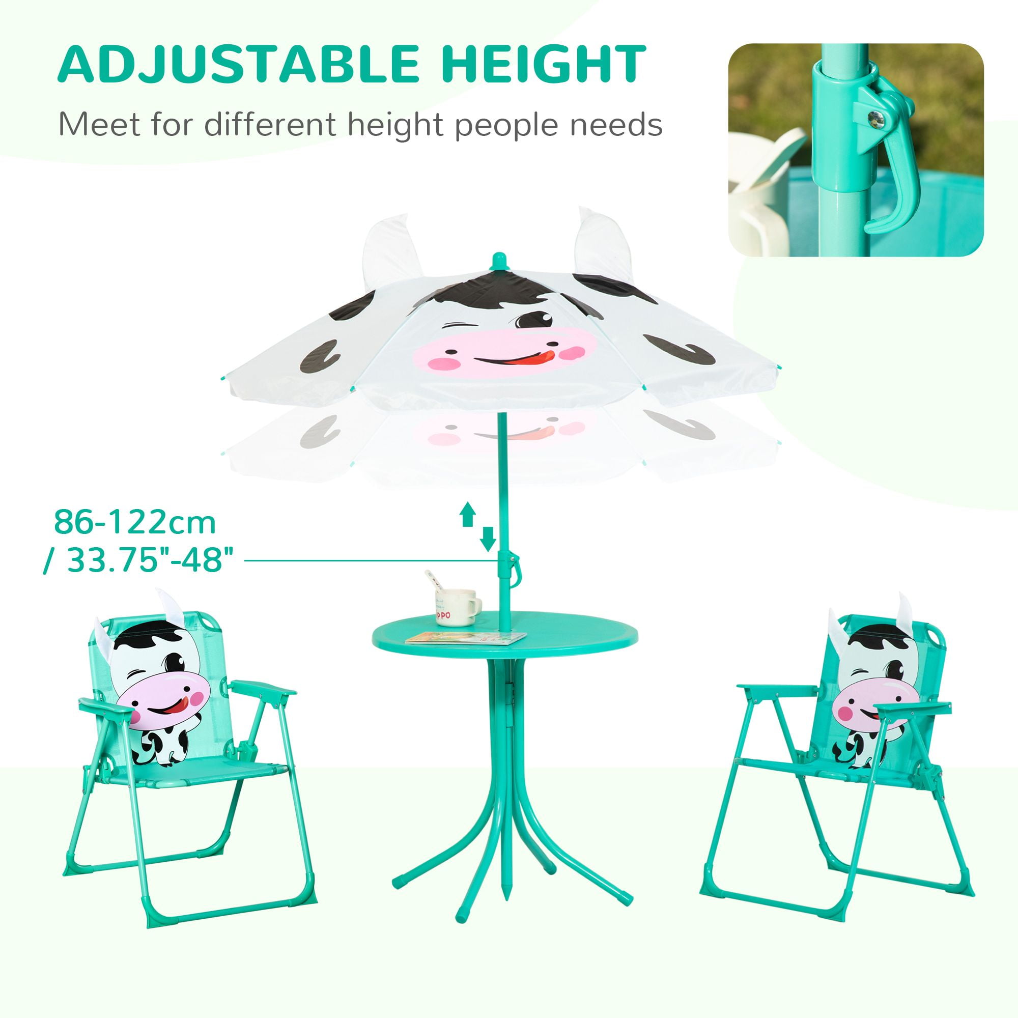 Kids Table and Chair Set, Outdoor Folding Garden Furniture, Picnic Table for Patio Backyard, with Removable & Height Adjustable Sun Umbrella, Aged 3-6 Years Old, White