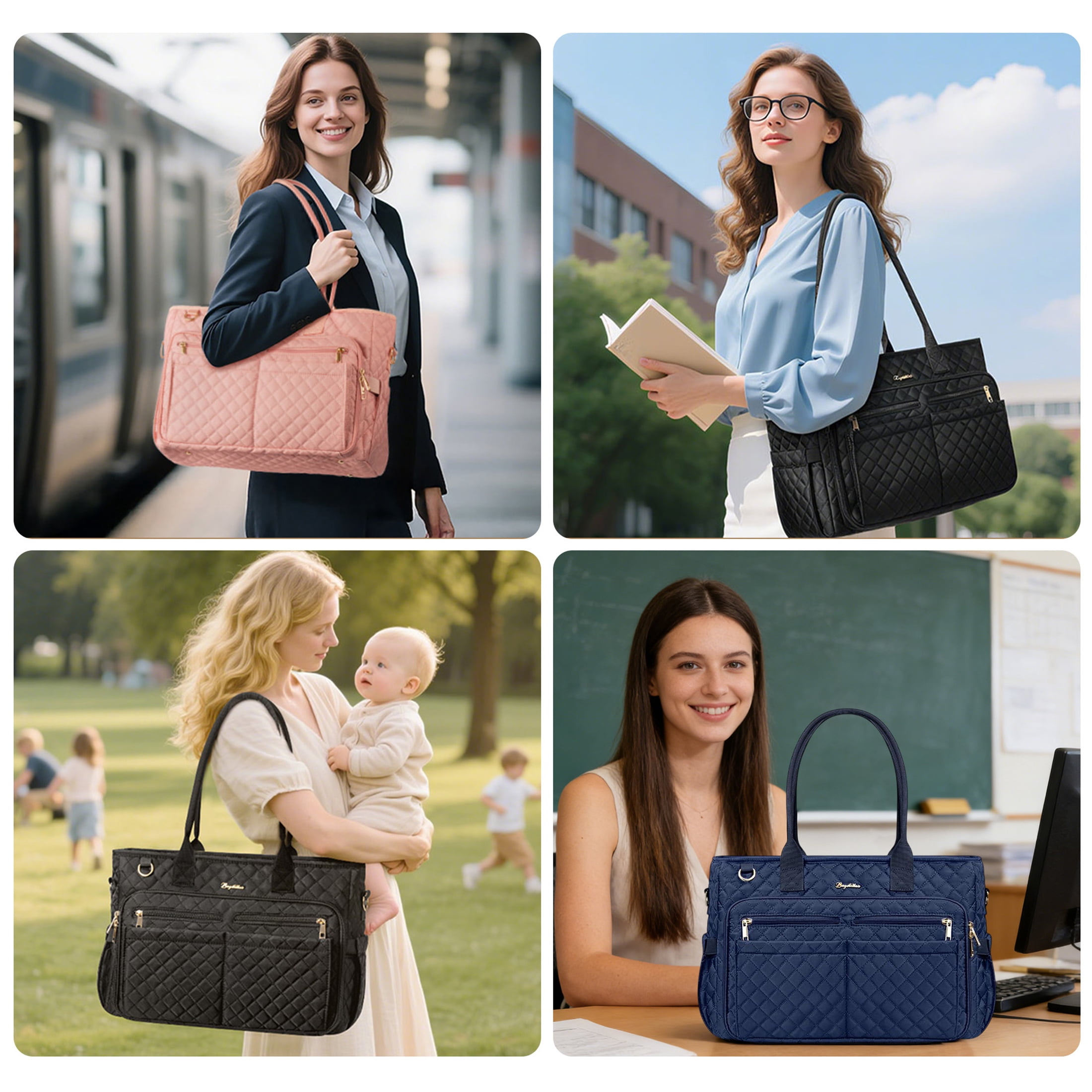 Teacher Tote Bag 15.6 inch Laptop Bag for Women, Work Bags Nurse Bible Bag Quilted Lightweight Laptop Tote Computer Briefcase for School Travel Office College, Grey