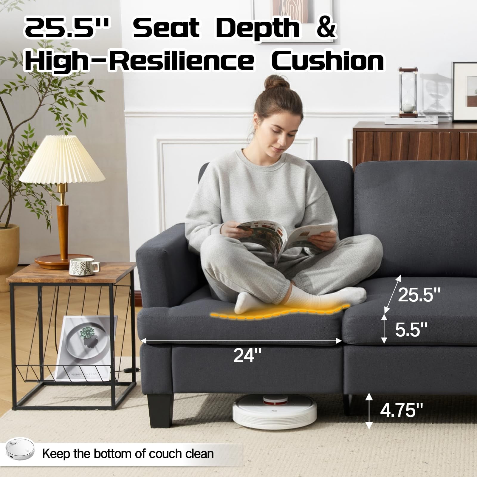 84" Mid Century Modern 3 Seater Sofa Couch, Deep Seat Upholstered Sofa with Armrests, Comfy Linen Couch for Living Room, Bedroom, Apartment & Office, Dark Gray