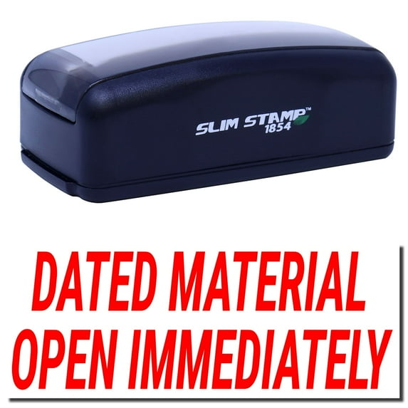 Large Pre-Inked Dated Material Open Immediately Stamp, Slim 1854, Ultra Slim Design, Impression Size 1-13/16" by 2-1/2", Up to 25,000 Impressions - Red Ink