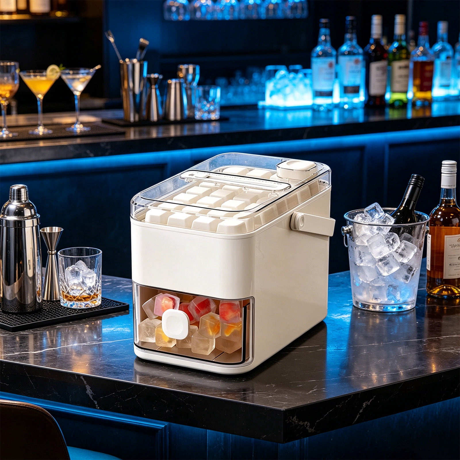 48 Cube Ice Maker With Easy Press Lid, Double Layer Portable Ice Maker with Lid and Storage Box for Freezer, Handled Press-Type Ice Cubes Tray with Lid and Bin for Whiskey, Cocktail, Beer (Beige)