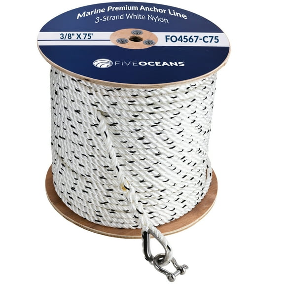 Five Oceans Anchor Line 3/8 inch x 75 ft - Anchor Rope Line - Marine Premium 3-Strand White Nylon - Stainless Steel Thimble and Schakle - Ideal for Mooring Anchoring Towing - FO4567-C75