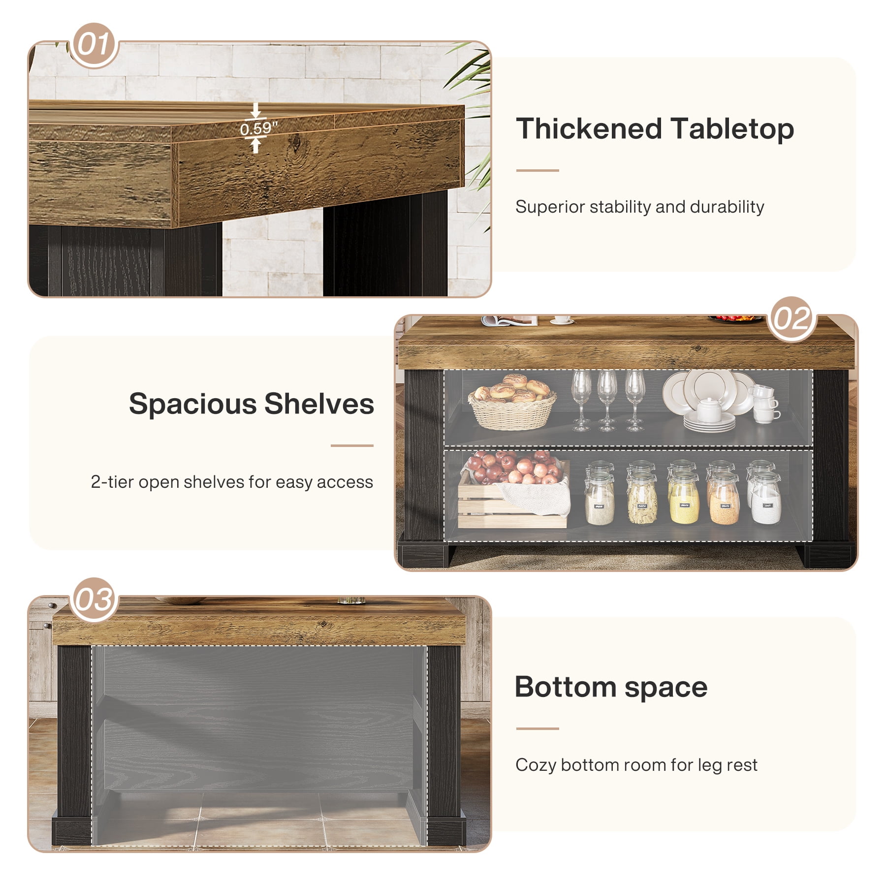 Finmind 55-inch Kitchen Island with 3 Storage Shelves, Large Farmhouse Kitchen Shelf with Spacious Worktop, Brown and Black (Easy to Assemble)