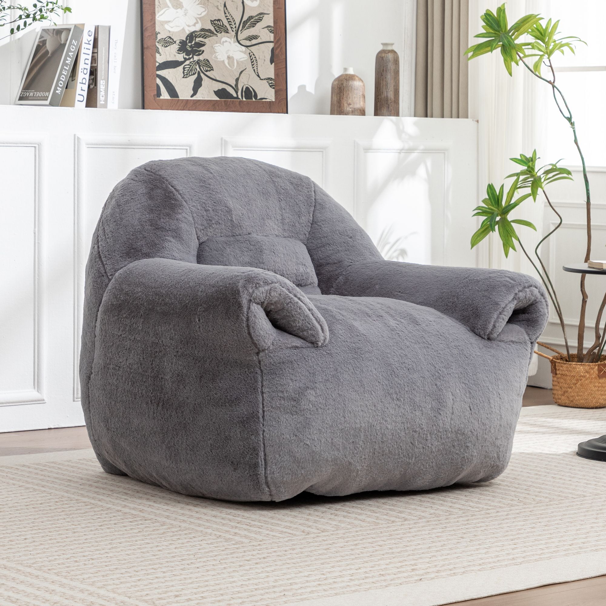 Gray Faux Fur Bean Bag Chair with Back Support, Pre-Filled Comfy Floor Sofa for Adults, for Living Room, Bedroom, Dorm Room