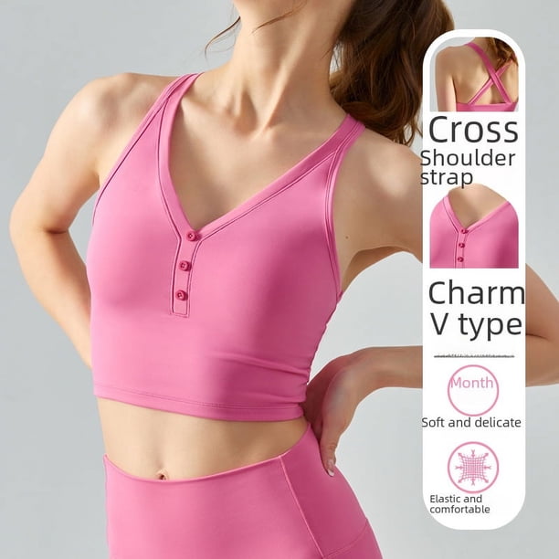 Chaleco deportivo con cuello en V y almohadilla para el pecho, ropa exterior de verano, ropa de yoga sexy con espalda cruzada, chaleco de fitness de color sólido para mujer