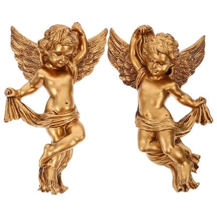 HONMEET 2Pcs Angel Wall Sculpture Resin Hanging Figurine Golden Color Wall Decor For Living Room