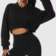 thumbnail image 3 of Sudadera recortada para mujer, jersey, puños acanalados, cuello en V, hombros caídos, Color puro, Top corto de manga larga para deportes, negro XL, 3 of 6