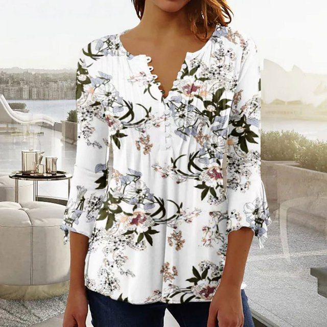 Womens Tops Ladies Top Floral Print V-Neck Short Sleeve Button T-Shirt Coffee L