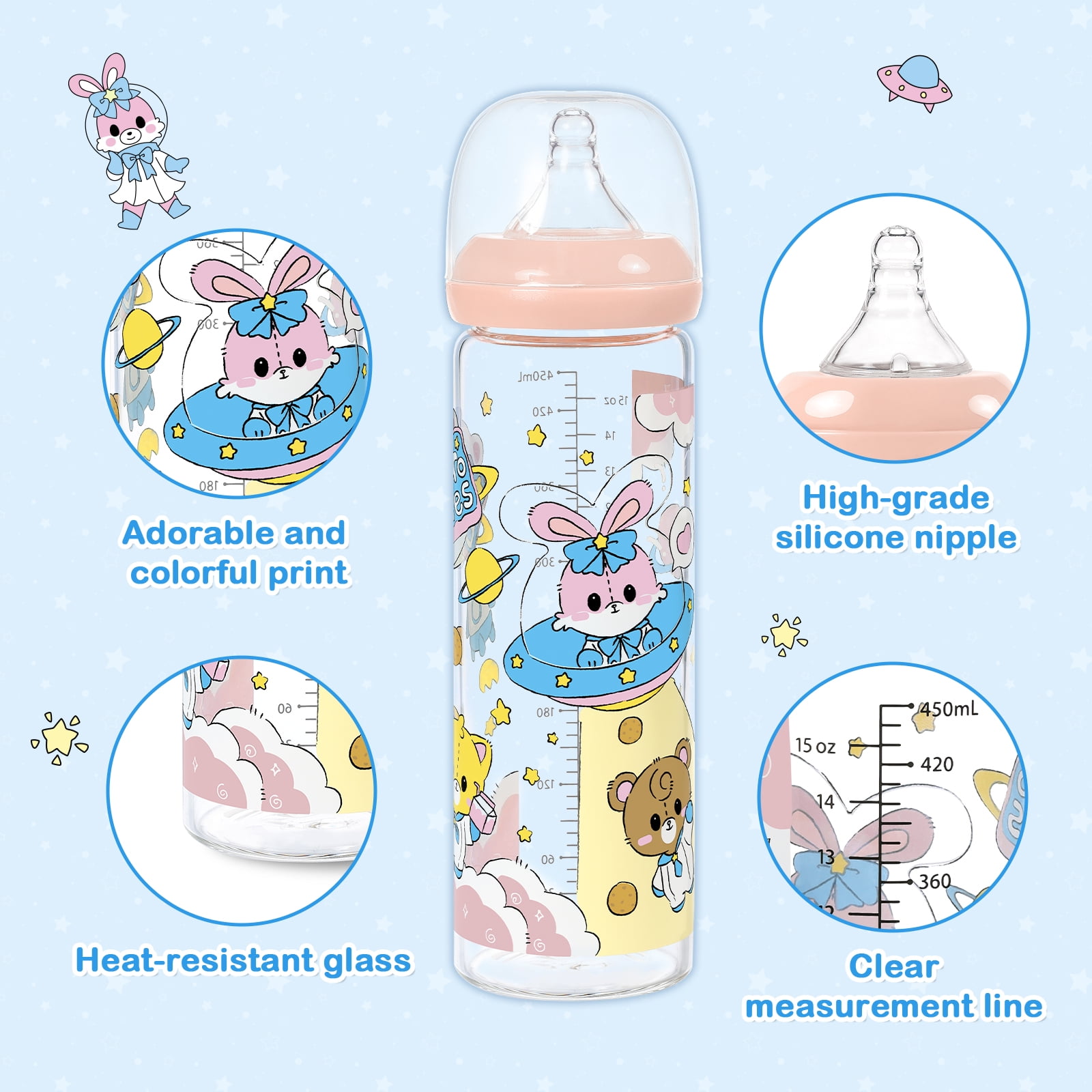LittleForBig Adult Baby Bottle Ultra Printed Specialty Oversized Glass Feeding Baby Astros Pattern