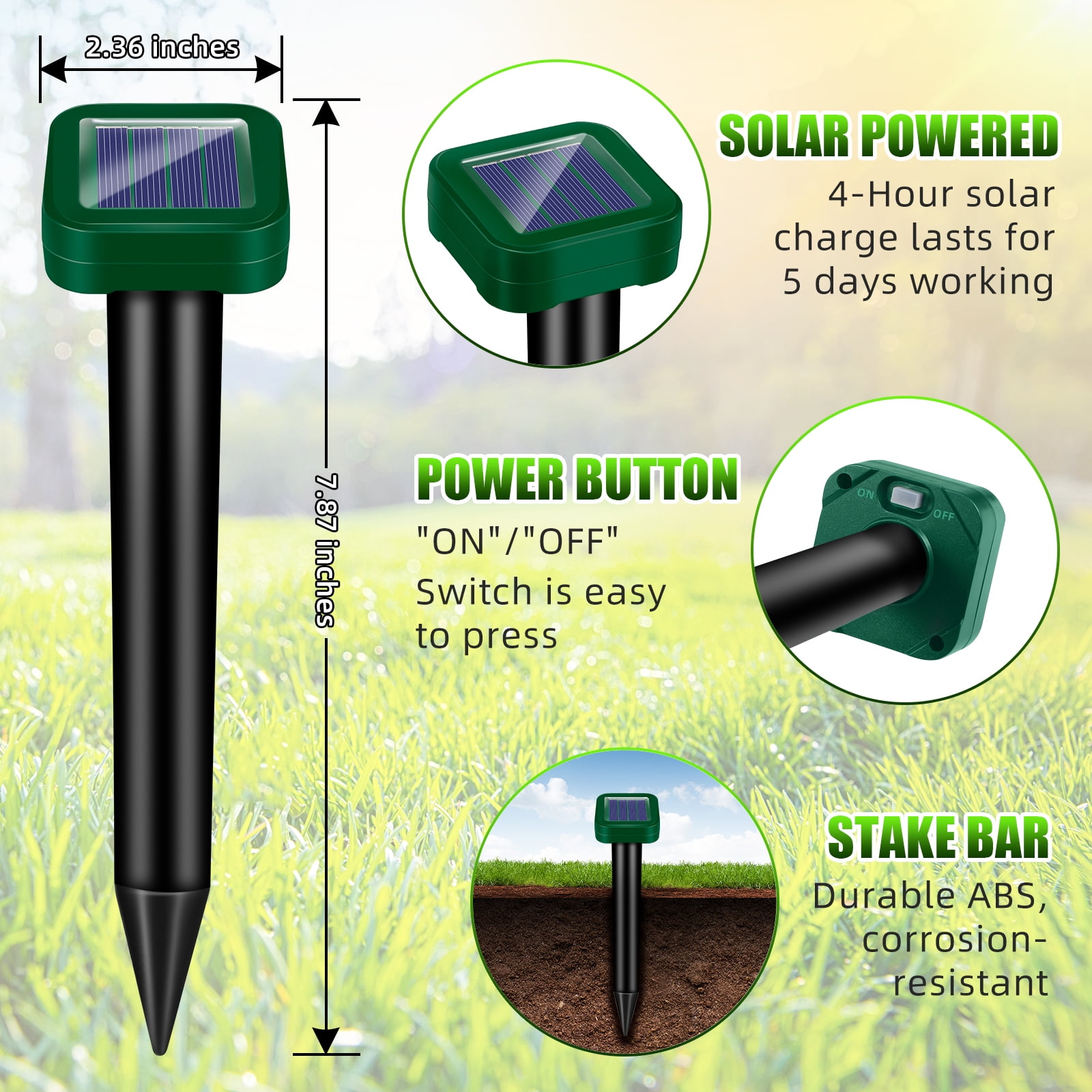 Paddsun Solar Mole Repellent, 8 Pack Ultrasonic Animal Repellent Outdoor Solar Powered Waterproof Sonic Burrowing Mole Deterrent Stake for Mole Snake for Yard Lawns