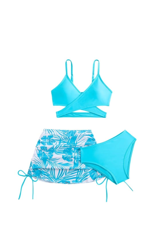 Tween Bathing Suits Girls' Floral Cute 3 Piece Bikinis for Teens Swimsuit Halter Bathing Suit with Coverup Sky Blue,5-6 Years