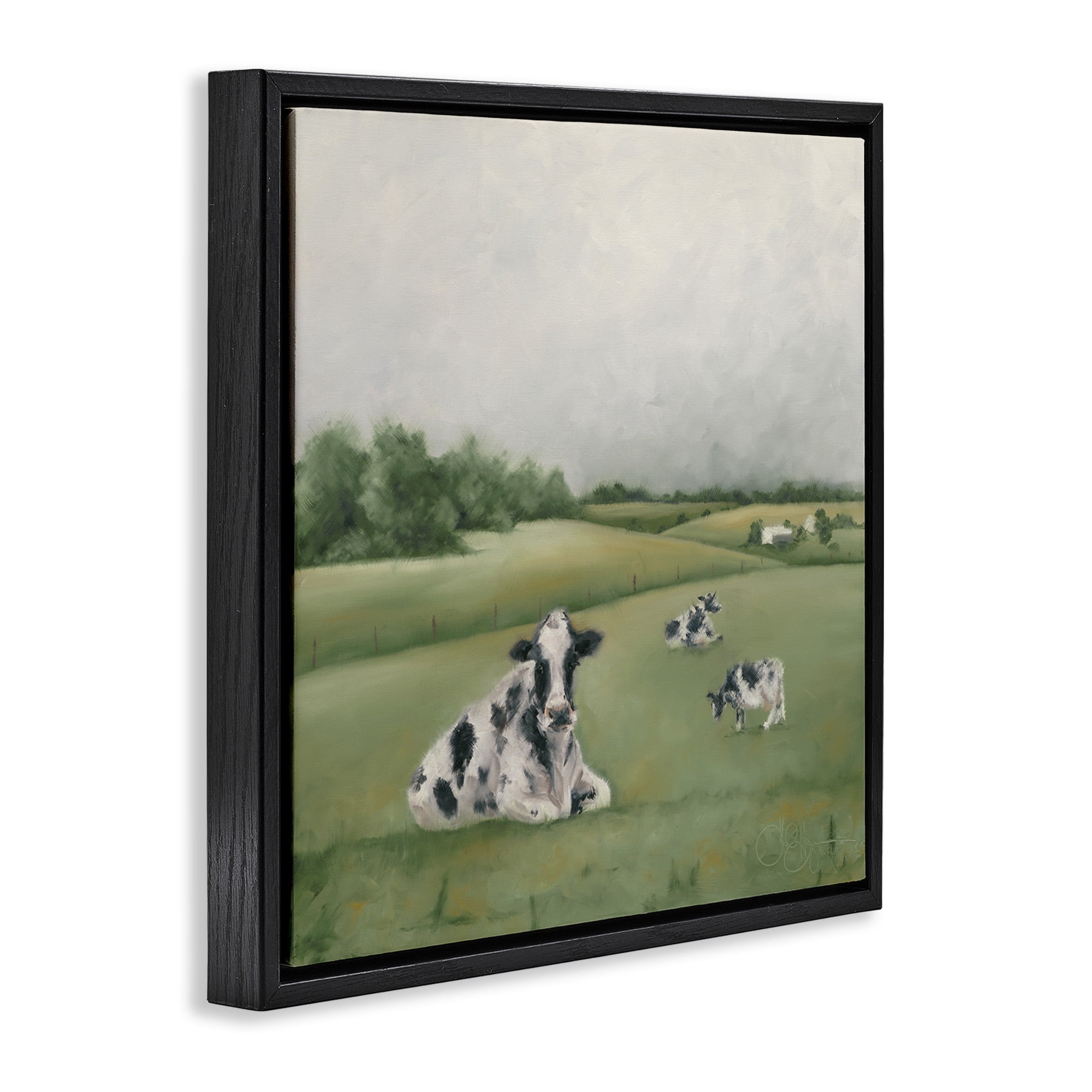 Stupell Industries Dairy Cows Grazing in Green Field Landscape Painting Black Floater Framed Canvas Art Print Wall Art, 25 x 25
