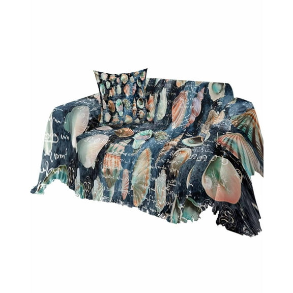 Summer Ocean Sofa Couch Covers for Dog,Washable Sectional Couch Slipcovers for Loveseat with Tassels,Nautical Coastal Conch Shells Retro Navy Non Slip Sofa Throw Cover Blanket Large 71''x102''