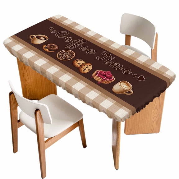 Vintage Coffee Time Table Cloths for 4 Foot Rectangle Tables, Farmhouse Desserts Brwon White Plaid Patio Waterproof Elastic Fitted Tablecloths, Washable Rectangular Table Cover for Camping