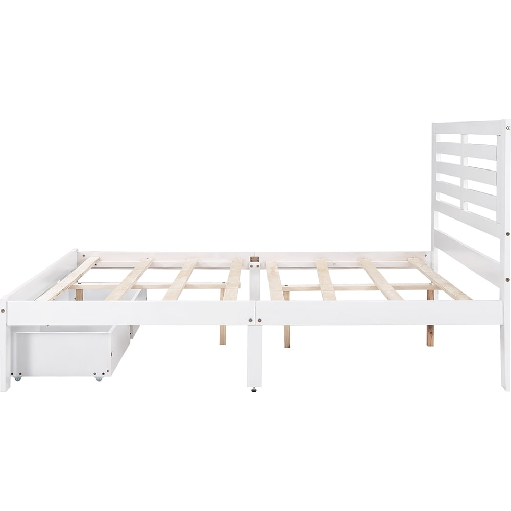 Wooden Full Size Platform Bed Frame with Drawer, Modern Platform Bed with Headboard