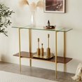thumbnail image 3 of Rectangle Coffee Table Mid-Century Modern Design L W x H for Living Room - Structure Amber Glass Top and Walnut MDF Shelf Sleek Conical Metal Legs with Gold Finish, 3 of 9